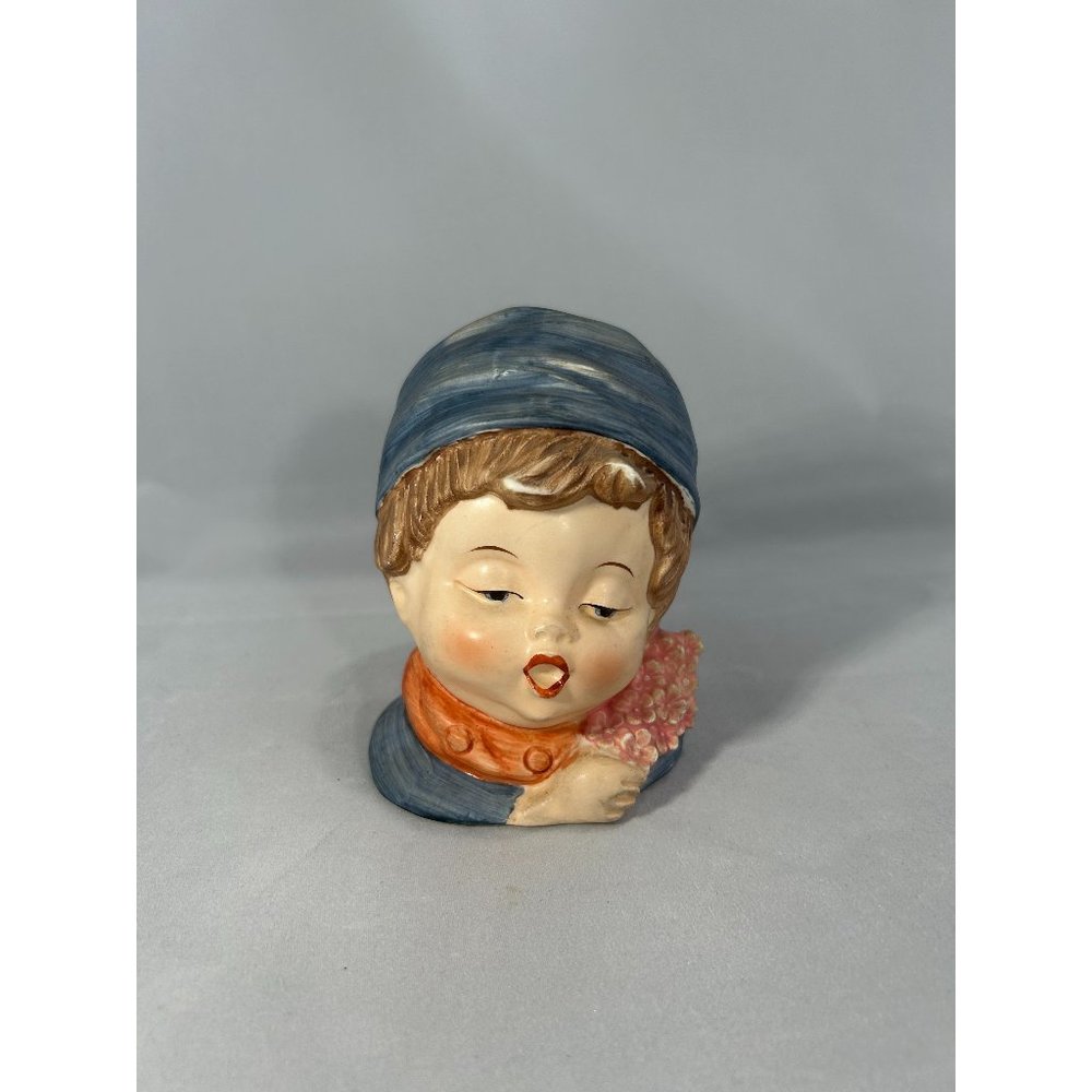 Vintage lady head planter vase women girl hat red lips boy